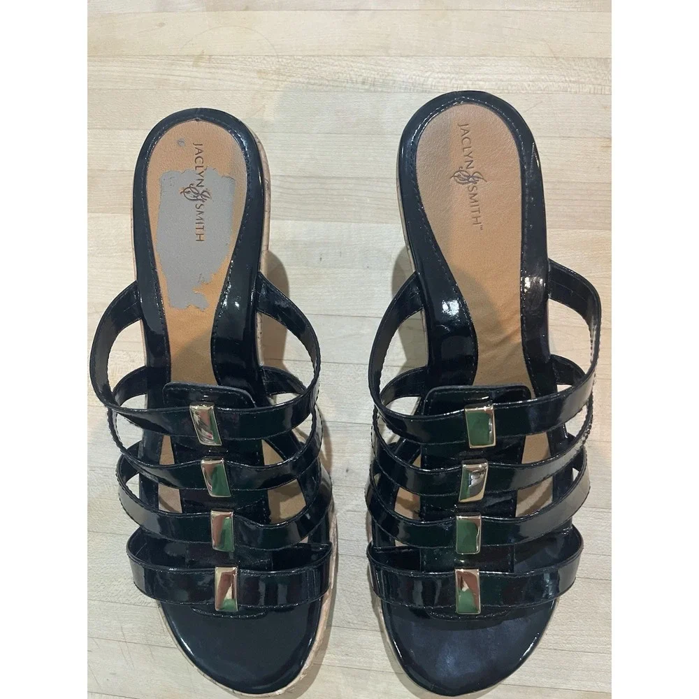 Jaclyn Smith Black Cork Wedge Gold Buckle Patent Faux Leather Strappy Shoes 8 W